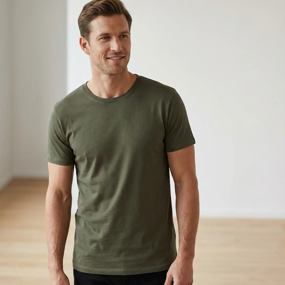 Komfort och stil med ekologisk, rundhalsad t-shirt i armégrönt för män